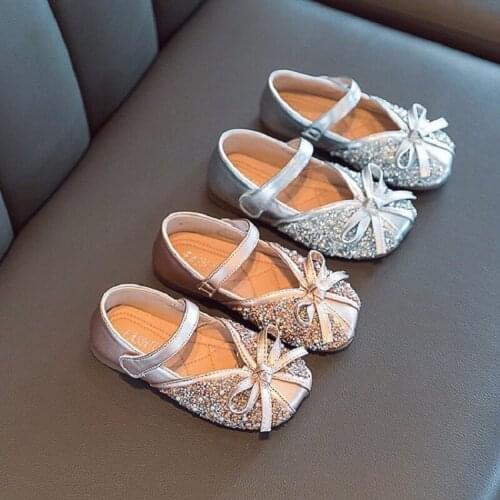 Spring Fashion Sequin Bow Leather Kids Dress Little Baby Girls Party Shoes 2021 Princess Child 1 2 3 4 5 6 7 8 9 10 11 12 Years