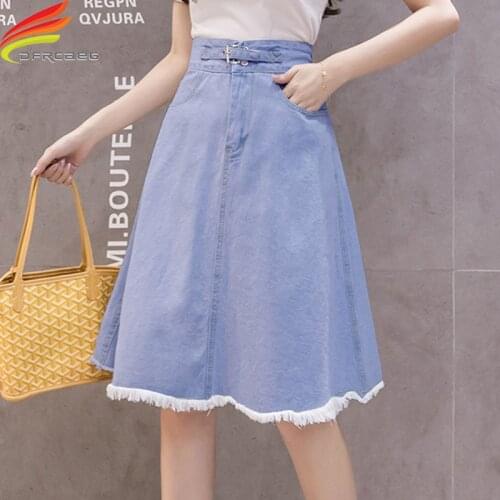 New 2020 A Line Denim Skirt High Waist With Pockets Korean Style Sky Blue Tassel Midi Jeans Skirt With Belt Elegant jupe jean