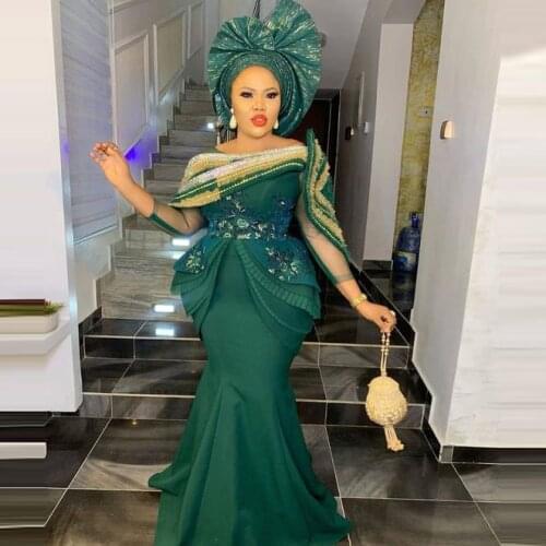 Green Aso Ebi South African Evening Dresses Mermaid 3/4 Sleeves Beaded Nigeria Dubai Saudi Arabic Evening Gown Prom Dress
