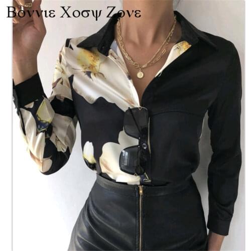 Women Turn-down Collar Chiffon Floral Print Button Design Long Sleeve Shirt Elegant Blouse