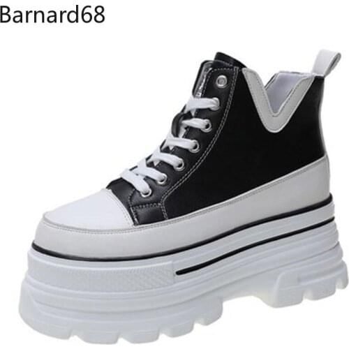 Women shoes Thick bottom Increase inside and outside Flat shoes black fashion Lace-Up Casual platform Boots Breathable ladies