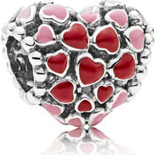 Genuine 925 Sterling Silver Charm Openwork Pink & Red Enamel Burst Of Love Heart Beads Fit Women Pan Bracelet & Necklace Di