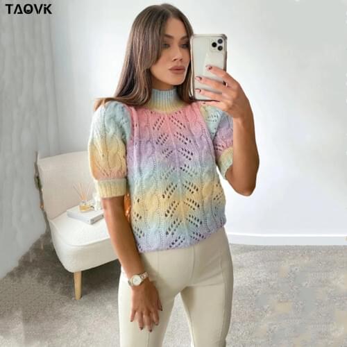 TAOVK Tie Day Knitted Sweater Female Rainbow Kawaii Pullover Women Short Sleeve O-neck Candy Outwear Female Sweet Top Jumpers