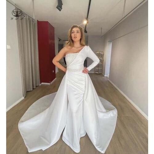 Elegant Robe De Mariee One Shoulder Beaded Stones Long Sleeve Pleated Mermaid Wedding Dresses wih Overskirt
