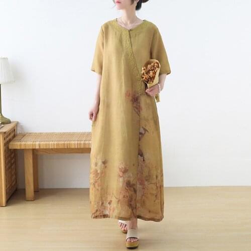 Johnature Women Vintage Solid Color Dress Tencel Ramie O-Neck Half Sleeve Loose Dress 2021 Summer New Casual Soft Long Dress
