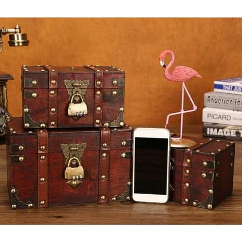 1L Vintage Style Leather TreasureChest Decorative Box 2 Size Wooden Chest Trunk Retro TreasureChest with Lock Vintage Wooden
