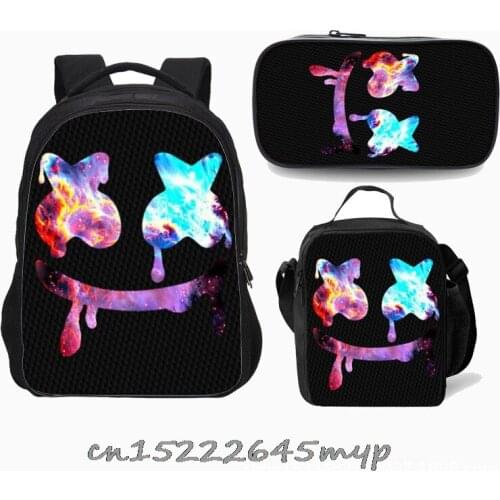 3 Pcs/set Backpack Cartoon DJ Marshmello Schoolbag Travel Laptop Bag (3pcs Set/rucksack+Crossbody Bag+Pen Bag) Mochila