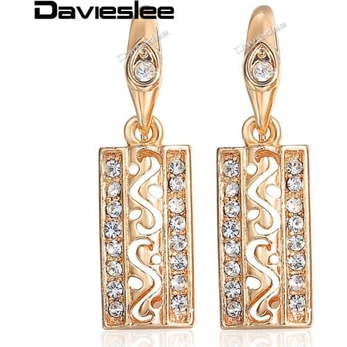 Davieslee Womens Earrings Drop Dangling Cut out Rectangle 585 Rose Gold Filled Clear Rhinestone Hook Earrings for Women LGE89