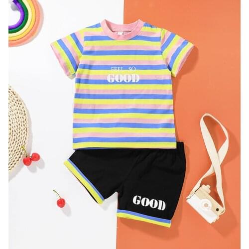 Summer 2 Pieces Kids Casual Suit Set Boys Stripe Letter Print Round-Neck Short Sleeve T-Shirt+ Short Pants 18 Months-6 Years