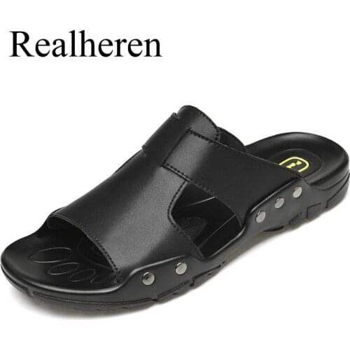 Summer Men Leather Slides Slippers Plus Size 50 51 52 Casual Shoes Outdoor Beach Black Soft Sandals Flat New Fashion 2021