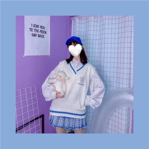 Preppy Style Cute Womens Knitted Vest Loose Sweater Pullovers Fall,Winter Tanks Cute Girls Color White Blue