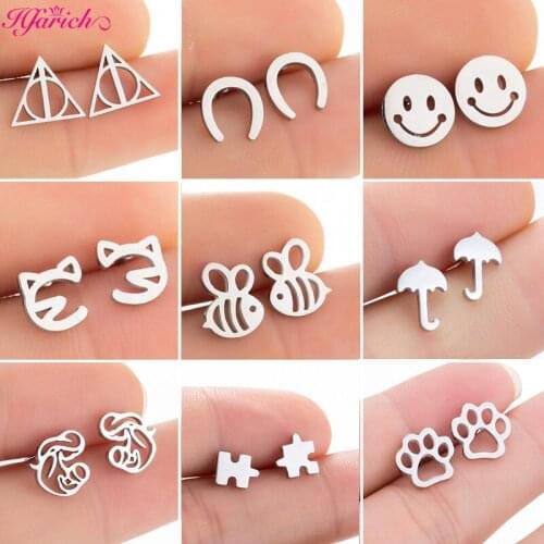 Stainless Steel Mini Earings Punk Bee Cat Dog Paw Smile Face Umbrella Stud Earrings Fashion Small Animal Ear Studs Jewelry Gift