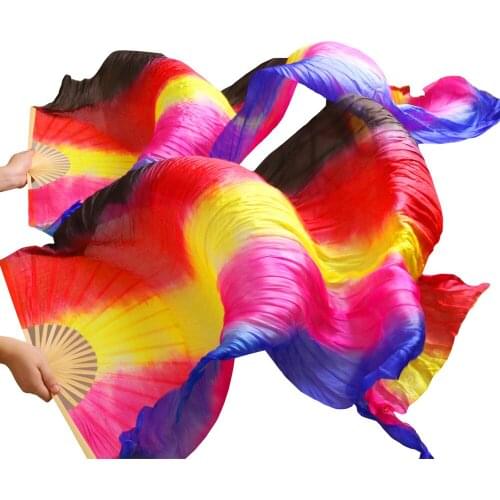 2018 New Handmade natural silk belly dance fans 1 Pc Left hand+1 Pc Right Hand Black + Red + Yellow + Rose + Royal blue Stripes