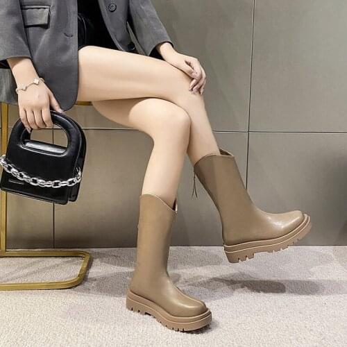 2021 autumn and winter new mid-tube boots European and American thick-soled smoke boots