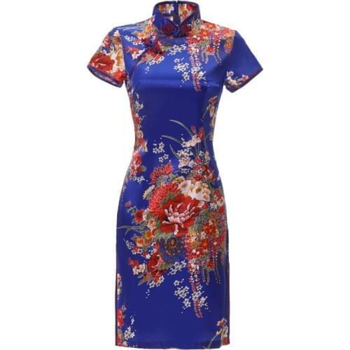 New Arrival Blue Chinese Womens Silk Rayou Halter Cheongsam Mini Qipao Dress Peafowl Size S M L XL XXL Free Shipping D0027