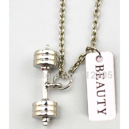 New Arrval 10pcs antique silver Dumbbell barbell with BEAUTY sports Gym necklaces Fitness Weightlifting jewelry