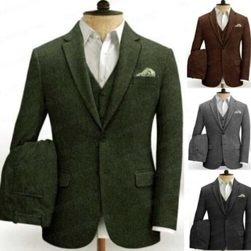New Classic Tweed Men Wedding Suit 3 Pieces Custom Plus Size Bridegroom Tuxedo Winter Prom Business Suits Blazer Vest Pants Set