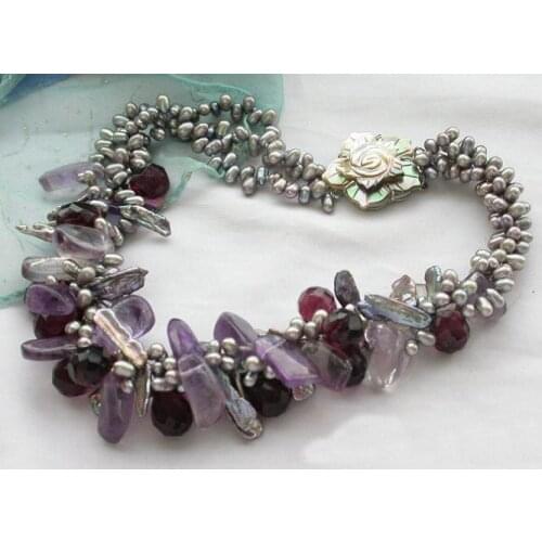 Real Freshwater Pearl Necklace,18'' 3 Strands Gray Rice Cultured Pearl Massive Amethystes Drip Necklace,Fashion Women Jewellery