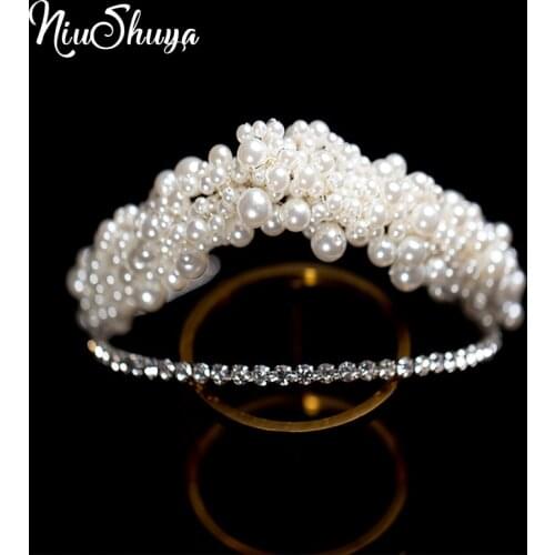 NiuShuya Bride Headband Tiara Crown Handmade Beaded Pearl Double Layer Wedding Headpieces Hair Accessories