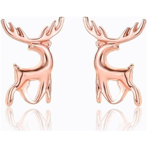 Simple Style Christmas Gift Solid Antler Vivid Deer Shaped Cute Rose Golden Silver Plated Stud Earrings For Women