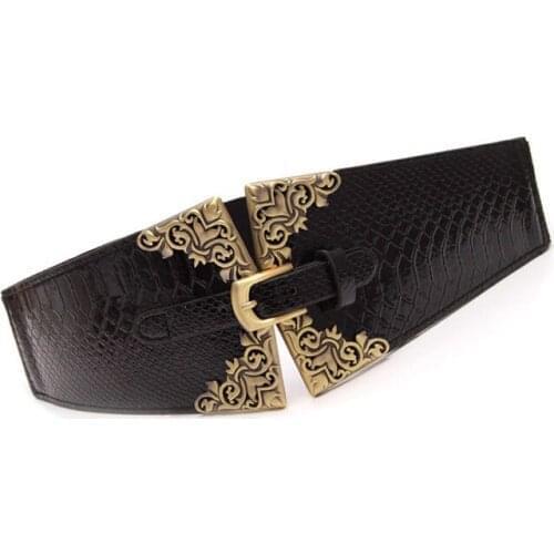 Wide corset Waist Seal girdle for women fashion crocodile pattern stretch elastic leather buckle belt dress waist trap accessory