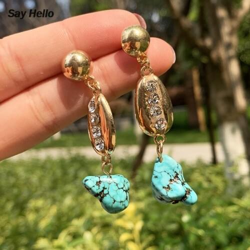SAY HELLO Original Design Ethnic Crystal Inlaid Blue Turquoises Stone Dangle Earrings for Women Female Jewelry Brincos A20117