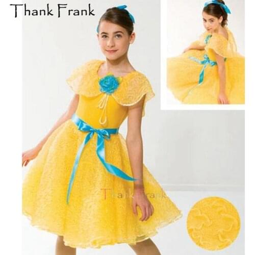 Modern Dance Dress For Girls Kids Organza Long Leotard Dress For Dancing Adult Yellow Lyrical Dance Costumes Childrens Bodysuit