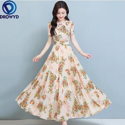 High Quality 2021 Summer New Arrival Round Collar Short Sleeve Flower Printed Chiffon Plus Size Long Dress Sexy Party Vestidos