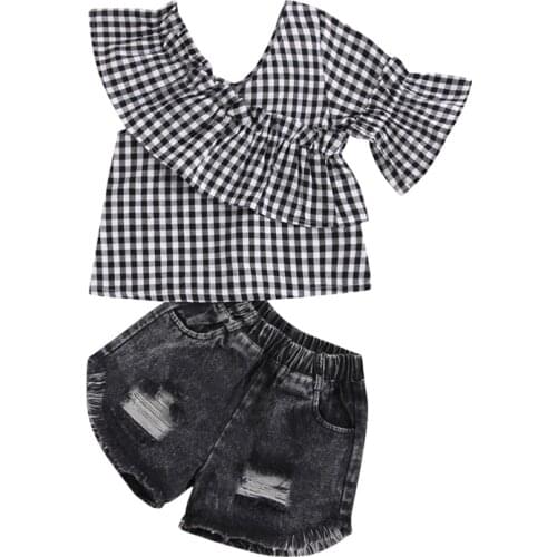 Pudcoco 1-7Y 2Pcs Summer Petal Long One Sleeve Ruffle Plaid Print V-Neck Blouse Tops+Denim Ripped Jeans Shorts Pants Clothes Set