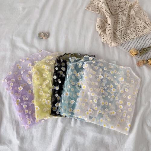 2021 New Arrival Summer Daisy Flower Print Mesh T Shirt Women Korean Long Sleeve Fishnet T Shirt Tops Fashion Sunscreen Tee