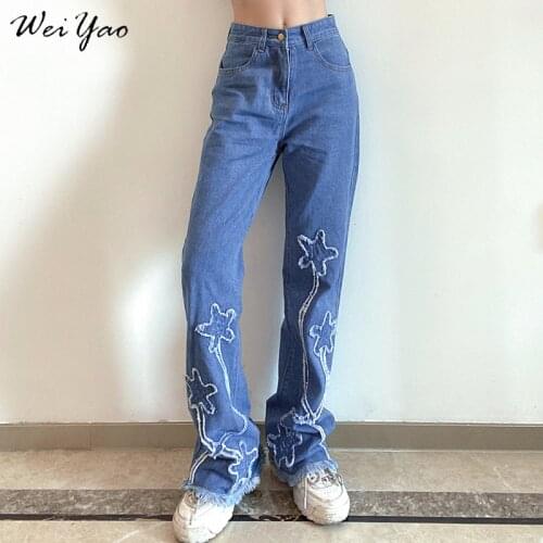 WeiYao Women Patchwork Jeans High Waist Office Lady Flare Pants Y2K Fashion Loose Pockets Straight Denim Trousers Blue