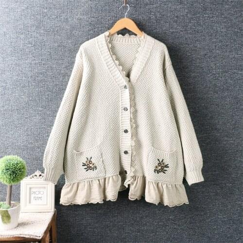 Harajuku Mori Girl V-neck Loose Lace Patchwork Cardigan Sweater Embroidered Long-sleeve Oversized Women Knitwear Autumn Jacket