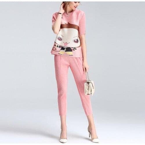 2021 Summer New Suit Womens Fashion Cartoon Printing Short Sleeve + Casual Pants Two-piece Female Korean Large Size 2 Sets
