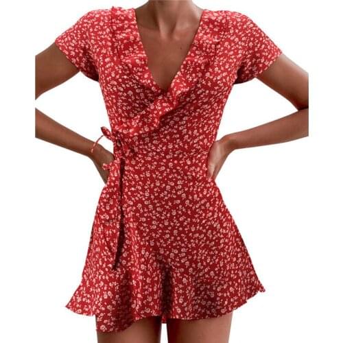 Sexy Summer Womens Floal A-Line Dress Sweet Elegant Ruffles V-neck Bandage Short Dress for Lady Chic Flowers Mini Dress Vestidos