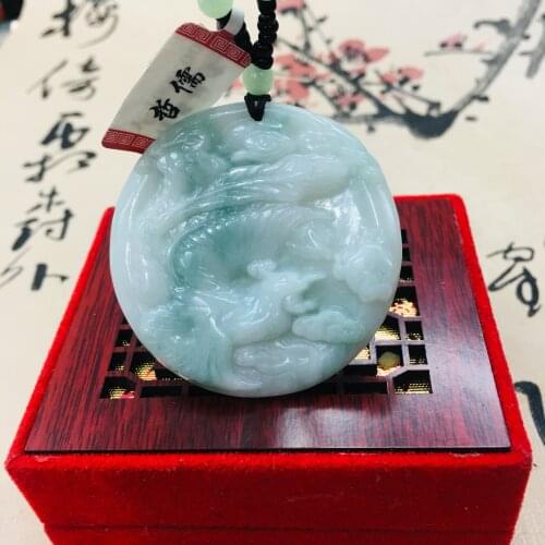 Zheru pure natural Jadeite carved light green round phoenix pendant with green bead chain sweater chain Send A certificate