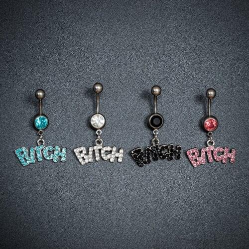 1Pc Surgical Steel BITCH Letter Dangling Navel Button Ring Crystal Sexy Belly Piercing Barbell Ombligo Piercing Body Jewelry 14G