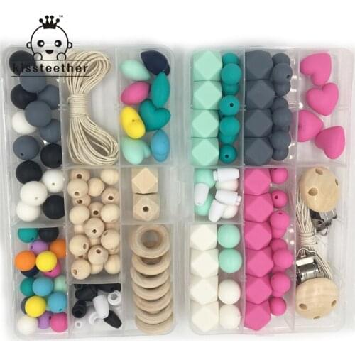 2pcs Baby Teether Toys Silicone Teething Kit Geometric Hexagon Silicone Beads Wooden Ring Pacifier Clip DIY Nursing Necklace