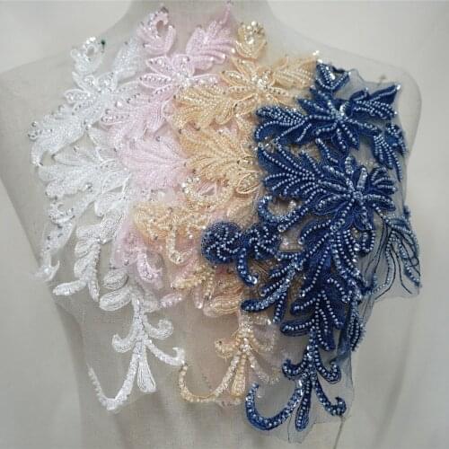 2 Pcs Lux 3D Beaded Flower Applique Navy Embroidery Bodice Applique For Bridal Sewing Wedding Gown DIY Craft Clothes Accessory