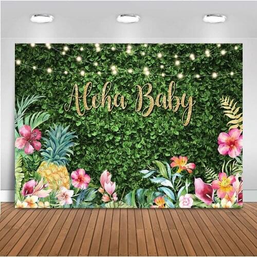 Aloha Baby Shower Backdrop Green Grass Summer Hawaiian Floral Tropical Photography Background Leaves Baby Shower Party Props