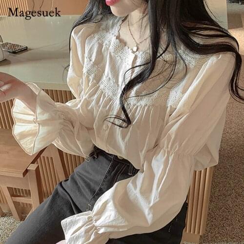 Blusas Vintage Woman Shirts Lace Blouse 2021 Autumn Long Sleeve Women Blouse Stitching Solid Chic Cardigan Korean Clothes 10955