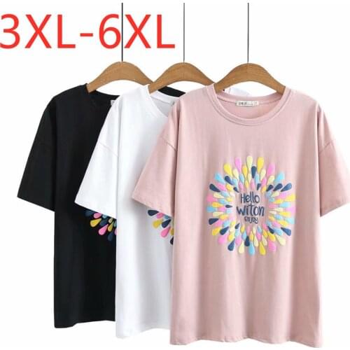 New 2021 Ladies Summer Plus Size Tops For Women Large Short Sleeve Loose Cotton Pink Black Print O-neck T-Shirt 3XL 4XL 5XL 6XL