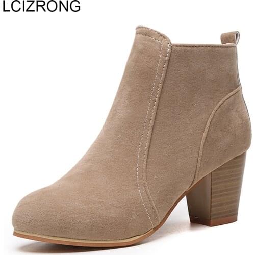 LCIZRONG Winter Flock 6.5CM High Heel Ankle Boots Women Large Size Pointed Toe Square Heel Botas Mujer European Shoes Female