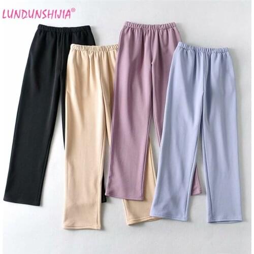 LUNDUNSHIJIA Women Fashion Streetwear Elastic Waist Straight-Leg Pants Ladies Fashion Casual Solid Sports Pants
