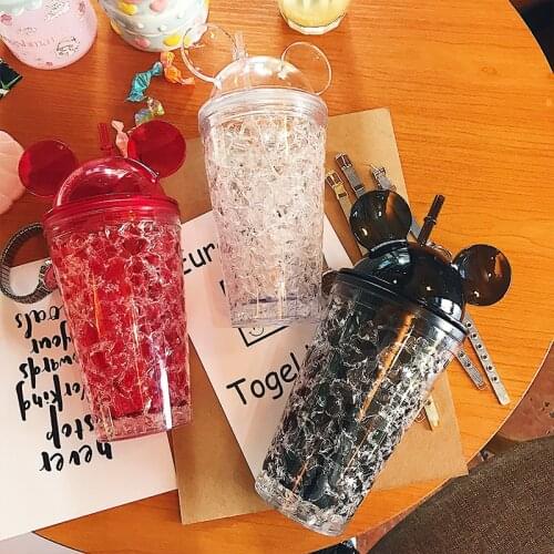 Cartoon Mouse Shape Summer Ice Cream Straw Cup Double Transparent Water Bottle Cute Fashion Ice Drink Water Cup Office Bottle