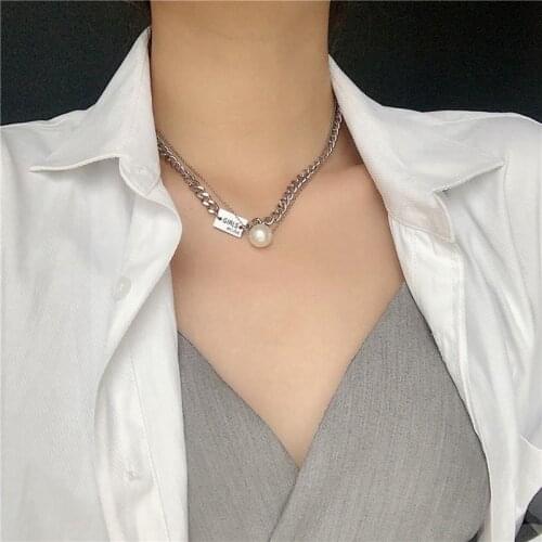 2021 New Fashion Cuban Gold Square pearl Pendant Layered Clavicle Chunky Link Chain Necklace For Women Jewelry