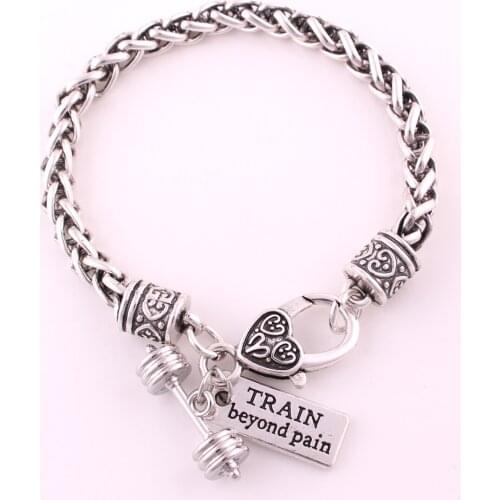 New Arrival antique sliver plated DUMBBELL BARBELL with TRAIN beyond pain charm bracelet Fitness Weightlifting