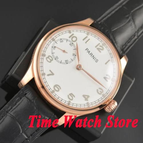 Parnis 44mm white dial pumpkin black strap golden case 6497 hand winding movement Mens watch 442