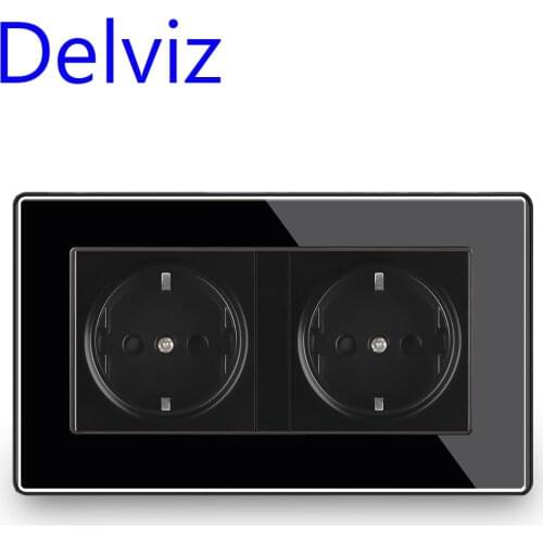 Delviz EU Standard Wall socket, Black crystal panel, 5V With usb Ports,146mm*86mm,16A AC 110~250V, Double frame USB Power Outlet