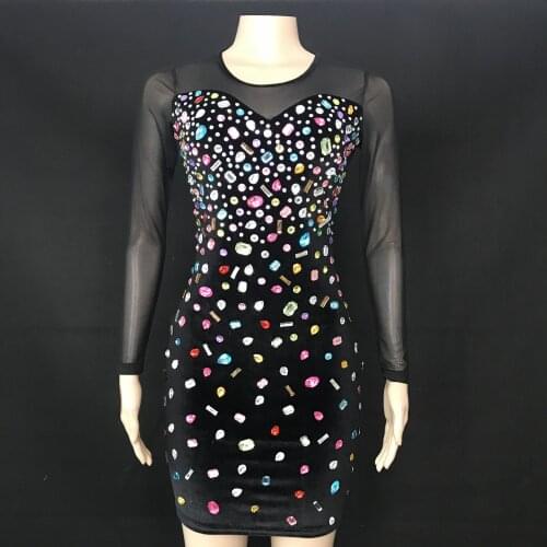Colorful Stones Mesh Long Sleeve Black Dress Prom Birthday Celebrate Costume Female Singer Party Velvet Short Dress