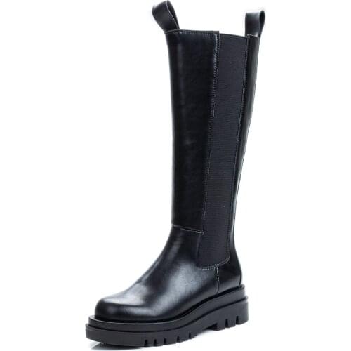 Genuine Leather Flat Heel Thick-Soled Inner Heightened Knee-Length Boots British Style Waterproof Platform High-Top Chelsea Boot